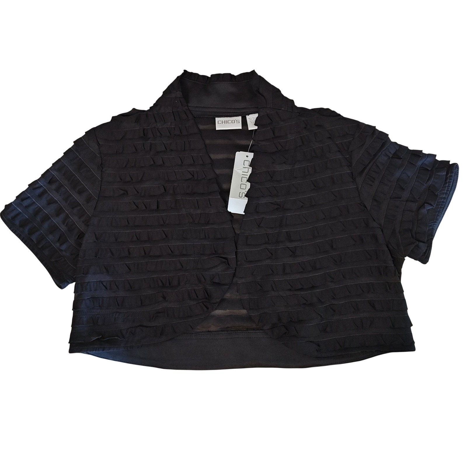 Chico's Bonnie Bolero Jacket Womens Med Black Travelers Ruffle Mesh Shrug New